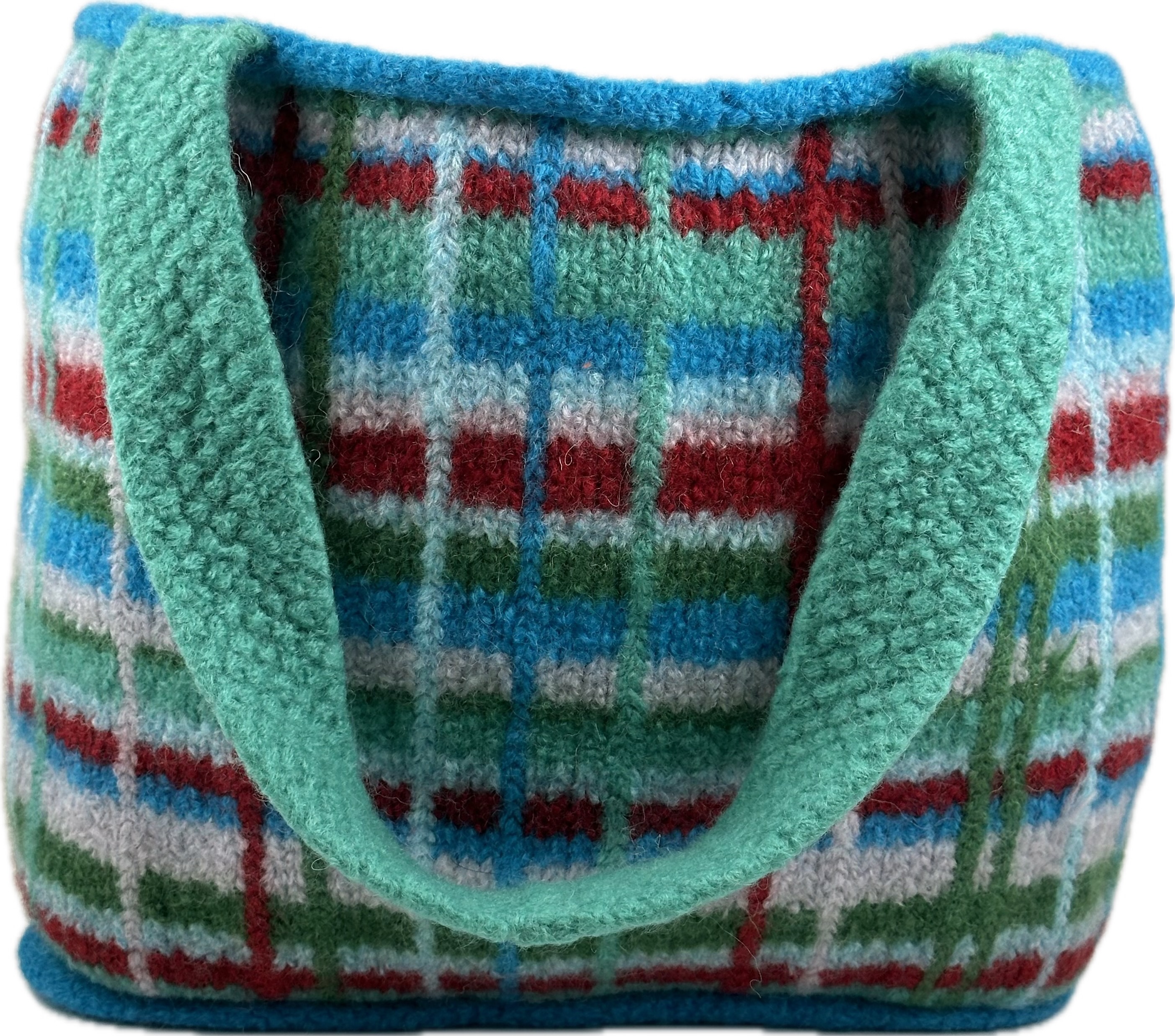 Colourful plaid felted tote with turquoise handles